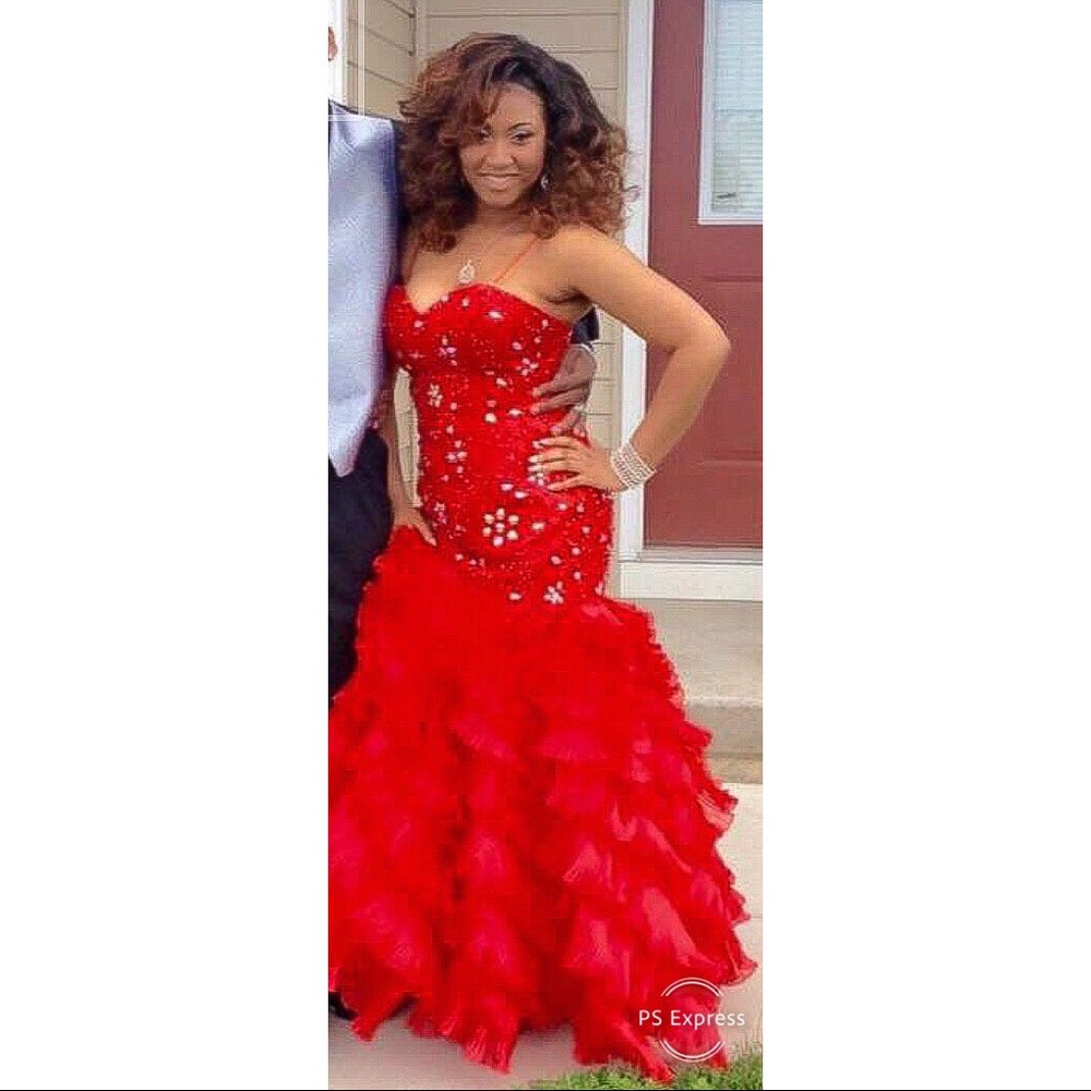 Red Mermaid Bejeweled Prom Dress